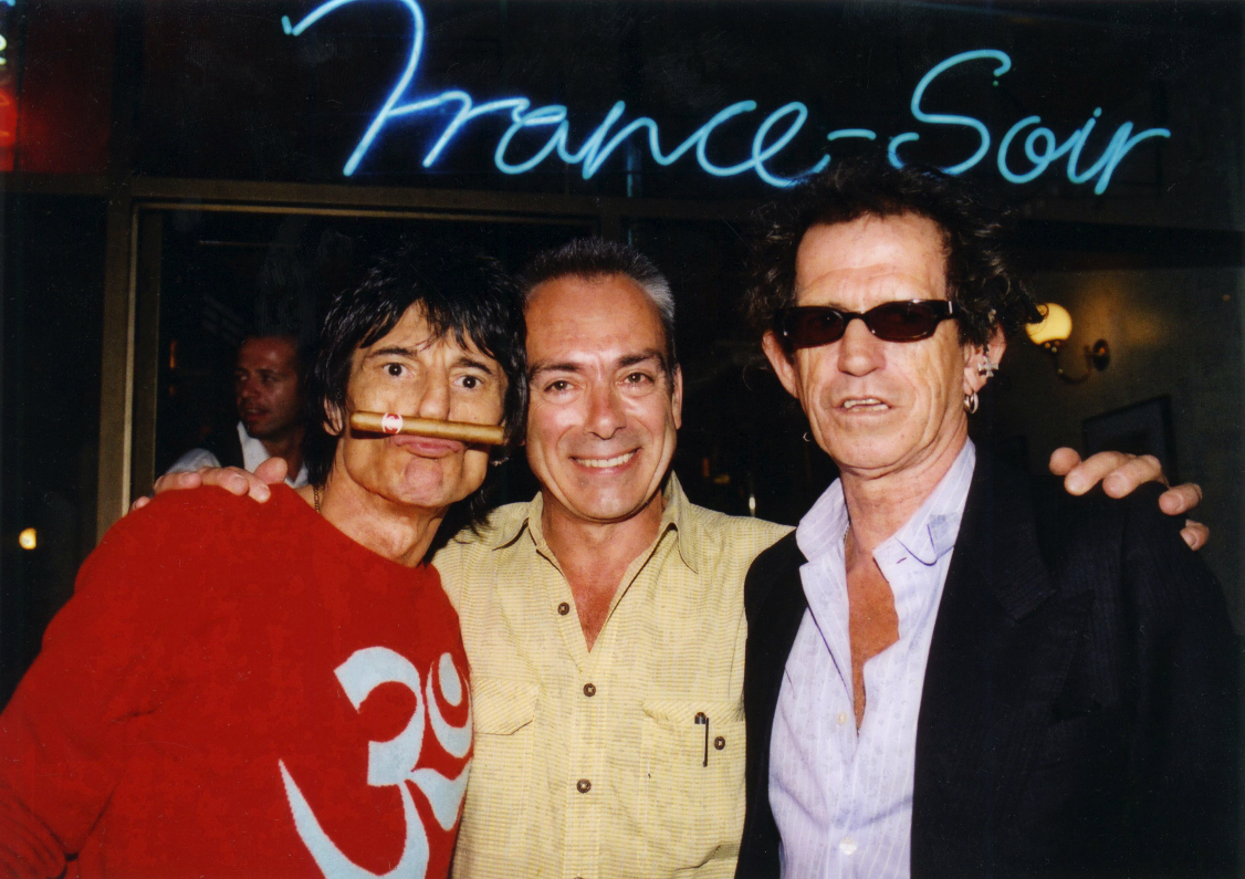 Left to right: Ron Wood, Jean-Paul Prunetti and Keith Richards, 23 February 2003

